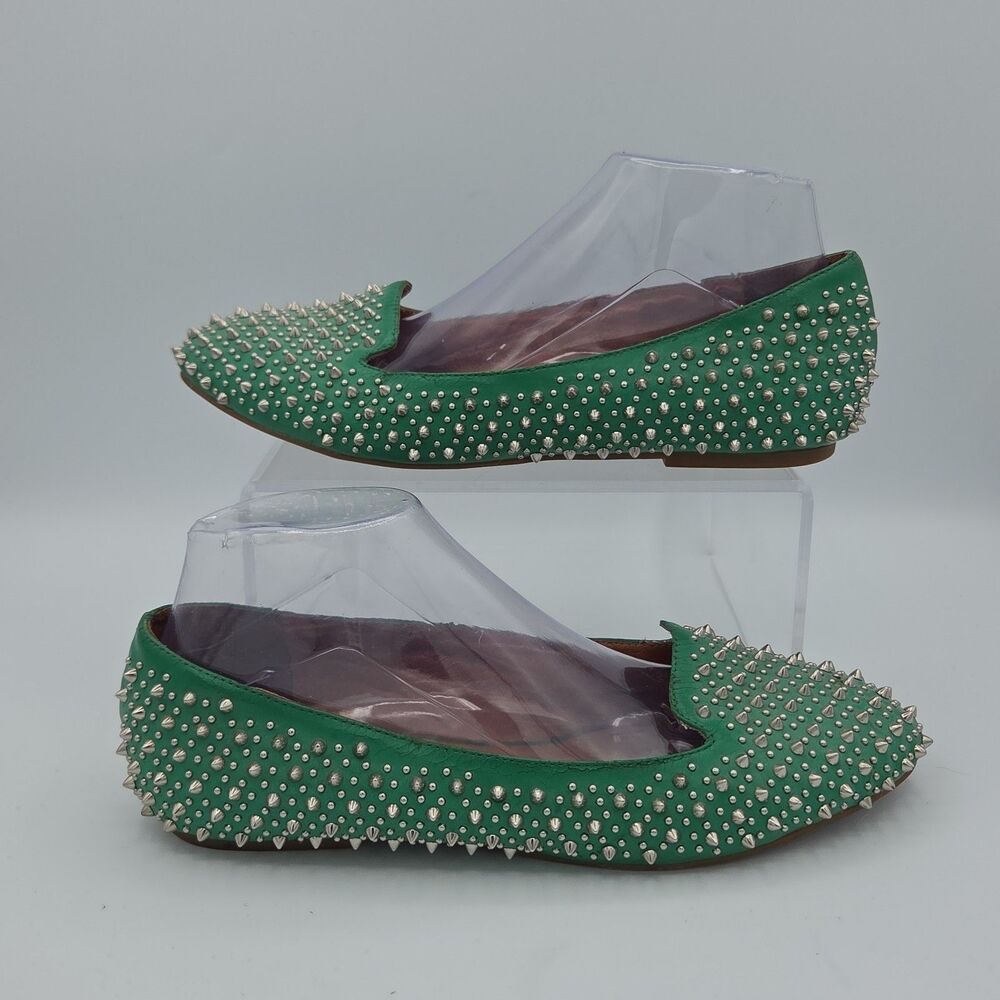 Jeffrey Campbell Martini Spiked Flat Shoes Green Silver Cone Stud Pointed Toe 9